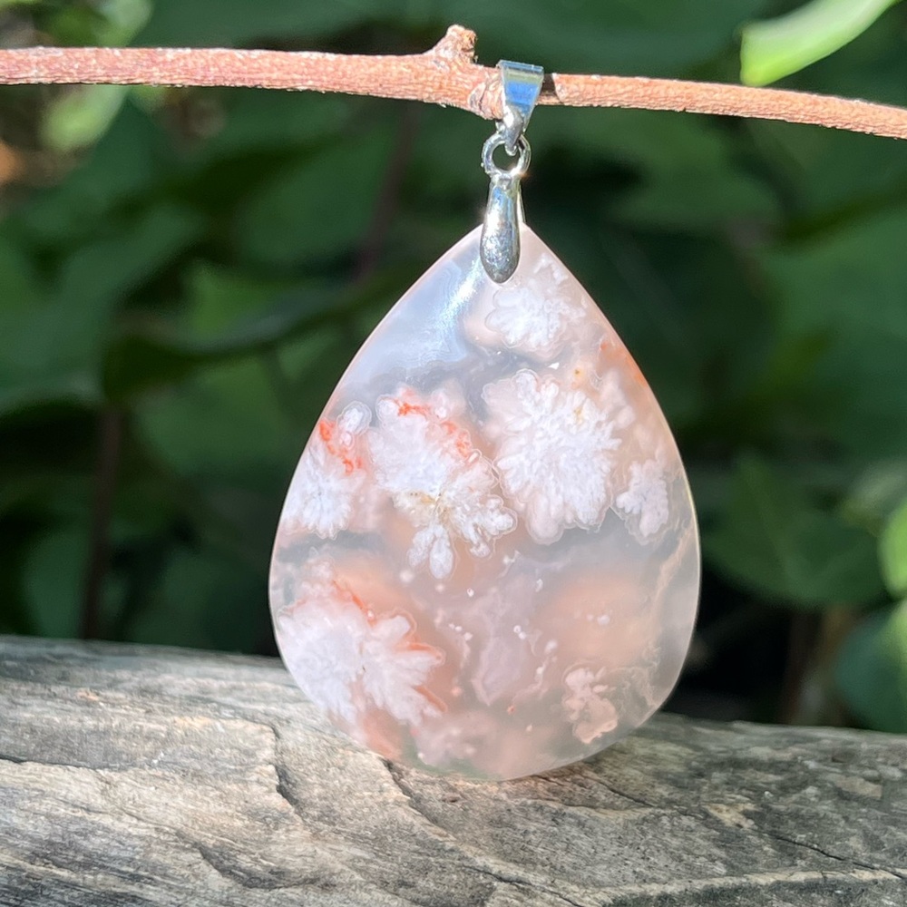 Sterling silver translucent flower agate pendant‎ 0971